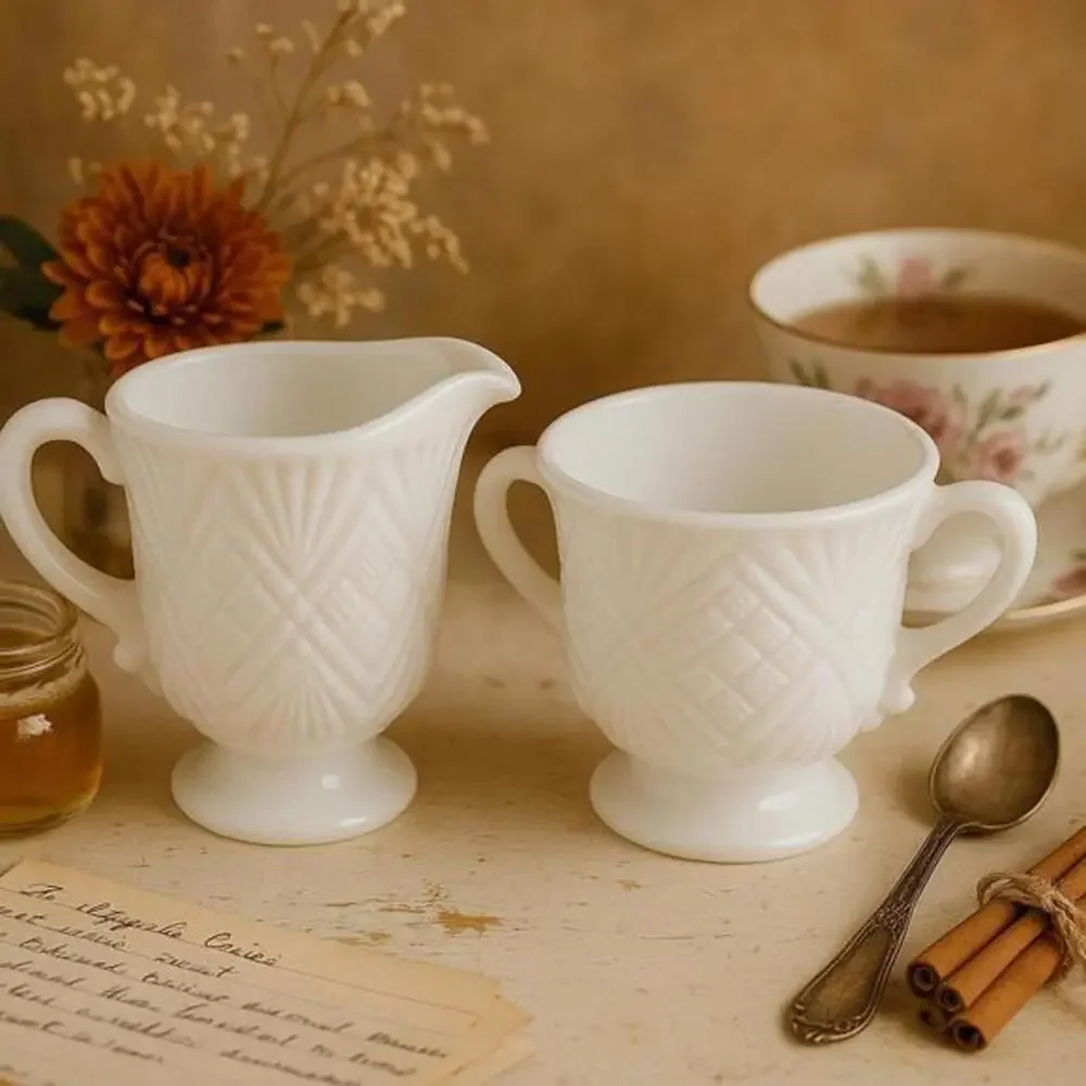 Vintage Milk Glass Creamer & Sugar Bowl Set Quilt Pattern Pedestal Base